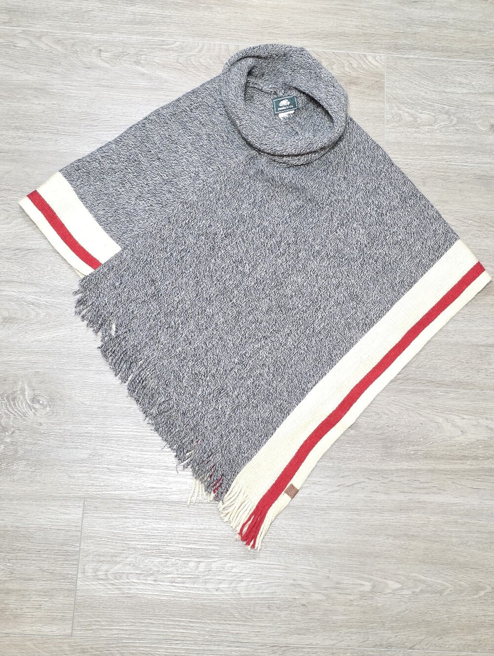 ROOTS Cabin Knit Fringe Poncho Kids S-M Heather Grey Cowl Neck Cabin Stripes